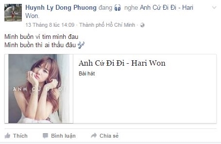 Cùng thời gian trên, bạn gái Huỳnh Lý Đông Phương cũng chia sẻ bài hát buồn của nữ ca sĩ Hari Won.