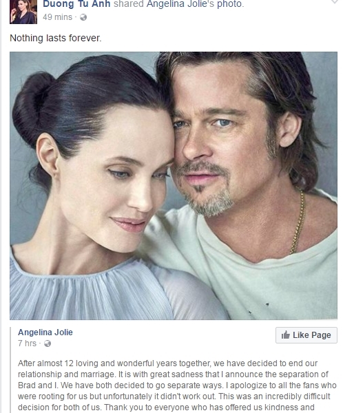 Á hậu Tú Anh đăng tải bài viết từ Angelina Jolie thông báo cô chính thức ly hôn và viết: "Nothing lasts forever" (Chẳng có gì kéo dài mãi).