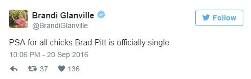 Nữ diễn viên Brandi Glanville: "Thông báo tới các em gái: Brad Pitt bây giờ chính thức là đàn ông độc thân rồi nhé".