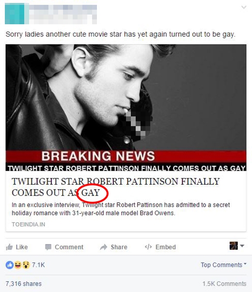 Thông tin Robert Pattinson thừa nhận mình đồng tính nhận được hơn 7300 lượt chia sẻ.
