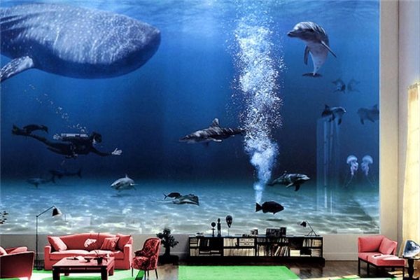 Phòng khách gắn liền với một bể bơi khổng lồ nuôi nhiều loài sinh vật biển quý hiếm. Bill Gates còn đảm bảo sao cho chúng được sinh sống trong điều kiện lí tưởng nhất và không làm hại lẫn nhau.