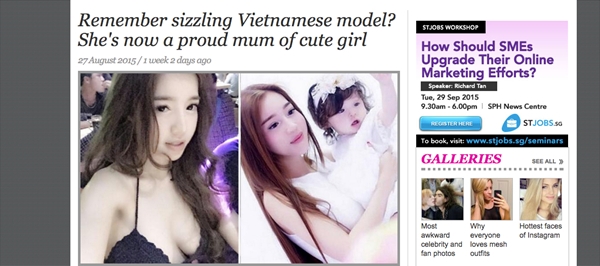 Trang Lollipop.Sg của Singapore cũng dành nhiều lời khen cho hai mẹ con Elly Trần: “Các bạn có còn nhớ Elly Trần - người mẫu 27 tuổi người Việt Nam? Cô ấy bây giờ đã là mẹ của một cô con gái vô cùng dễ thương“. Read more at http://bestie.vn/2016/09/cung-len-bao-ngoai-nhung-khong-phai-sao-viet-nao-cung-giong-nhau#5RIMM8peGK2tmL1x.99