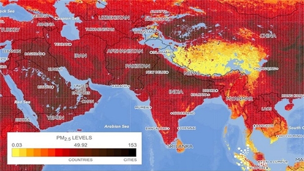 Từ bản đồ minh họa chất lượng không khí tại châu Á thể hiện qua chỉ số PM 2,5 cho thấy khu vực Đông Nam Á và phía Tây Thái Bình Dương có mức độ ô nhiễm không khí đặc biệt cao.