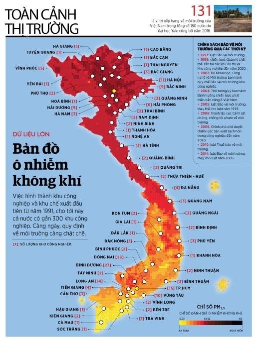 Bản đồ thể hiện mức độ ô nhiễm không khí tại Việt Nam do Forbes Việt Nam minh họa.