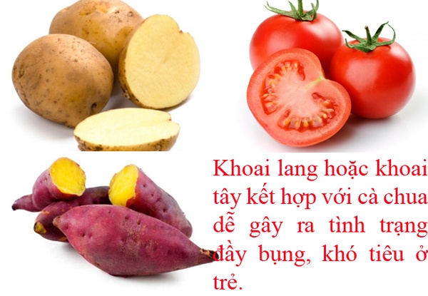 Khoai lang hay khoai tây không nên nấu cùng cà chua vì dễ gây khó tiêu cho trẻ.