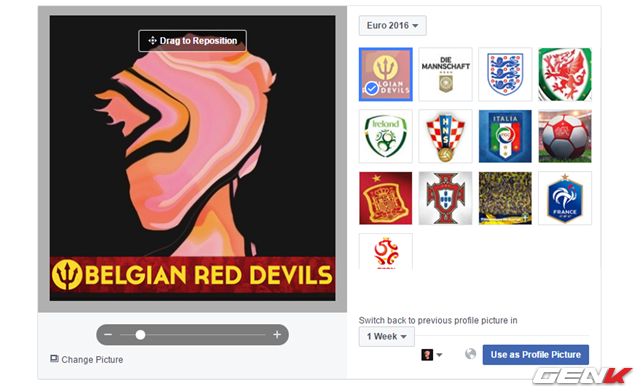 Ví dụ như ở đây ta chọn “Euro 2016”, Facebook sẽ cung cấp các hình ảnh trang trí có liên quan để bạn lựa chọn