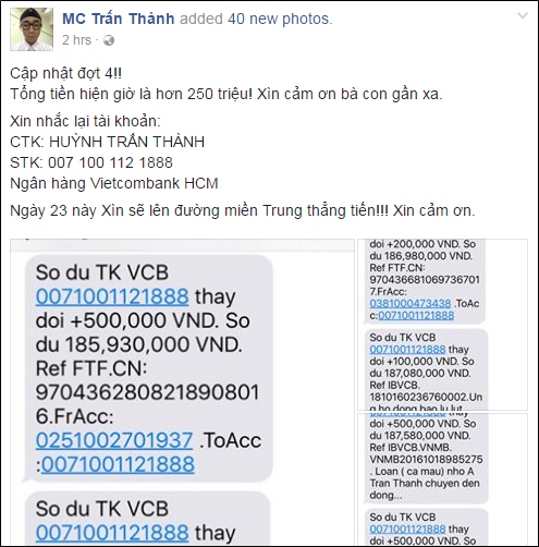 Về phía Trấn Thành, “MC đắt show nhất Việt Nam” đã kêu gọi được hơn 250 triệu tính đến chiều 19.10