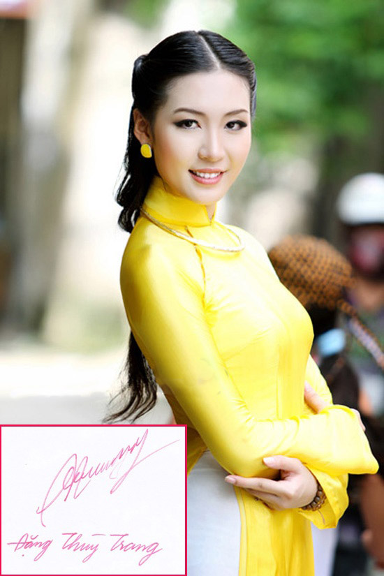 Á hậu 2 Hoa hậu Việt Nam 2010 Thùy Trang có nét chữ hơi nghiêng, chữ cao hẹp.