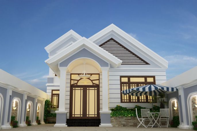 Mẫu : Màu trắng sang trọng, thiết kế ngôi nhà chi tiết, vuông vức, sẽ giúp ngôi nhà trông nổi bật hơn