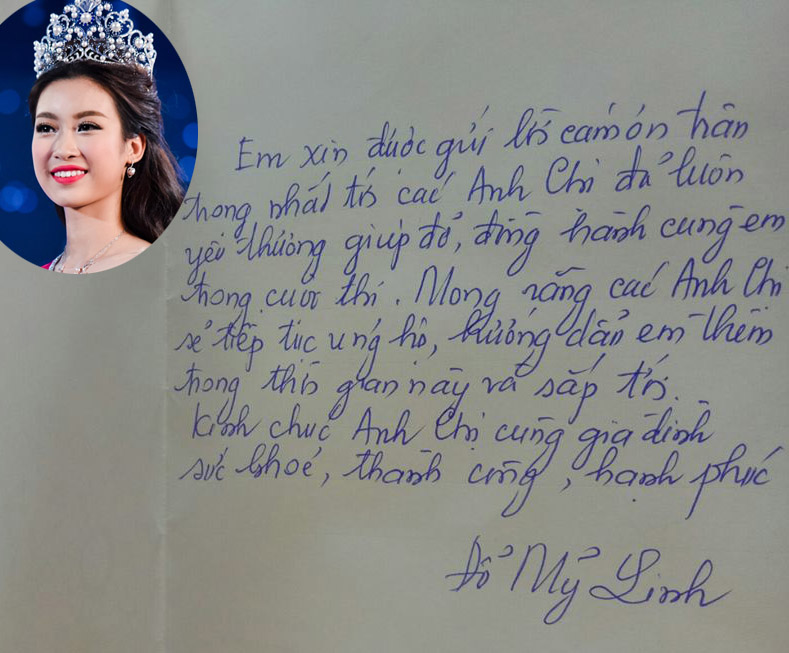 Sau khi đăng quang Hoa hậu Việt Nam 2016, Đỗ Mỹ Linh đã tự tay viết những lời cám ơn gửi đến báo giới và những người đã ủng hộ cô. Nét bút “học sinh” của Mỹ Linh thể hiện sự cám ơn chân thành của người đẹp.