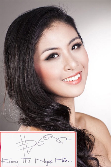 Hoa hậu Ngọc Hân viết dưới chữ ký rất đẹp, cứng cáp và rõ ràng. 