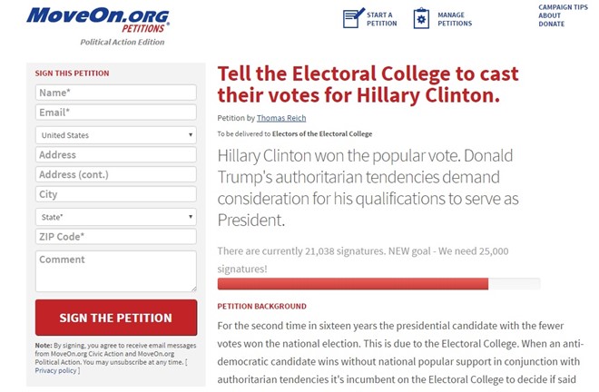 Bản kiến nghị kêu gọi đại cử tri bỏ phiếu cho Clinton trên trang MoveOn. Ảnh chụp màn hình từ trang web moveon.org 