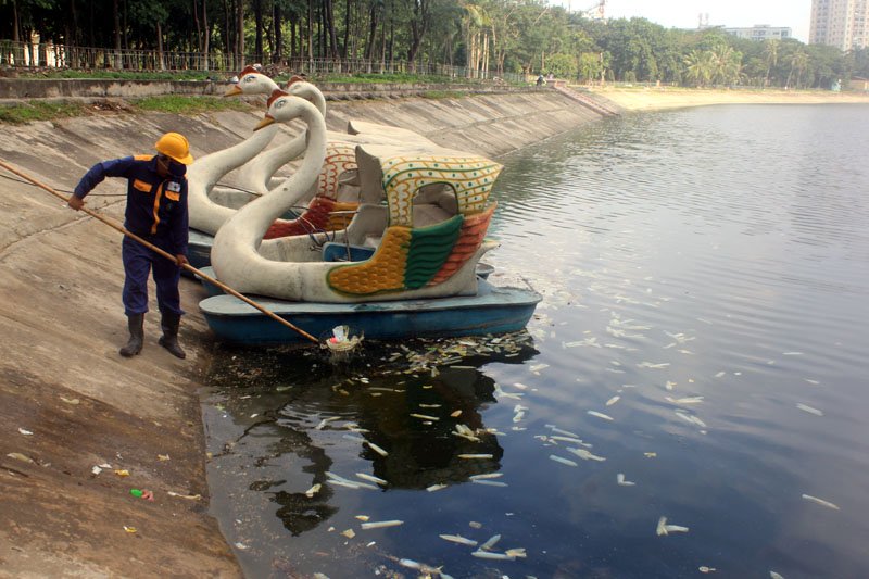 Công nhân môi trường đã tiến hành vớt rác bẩn ở hồ Linh Đàm.