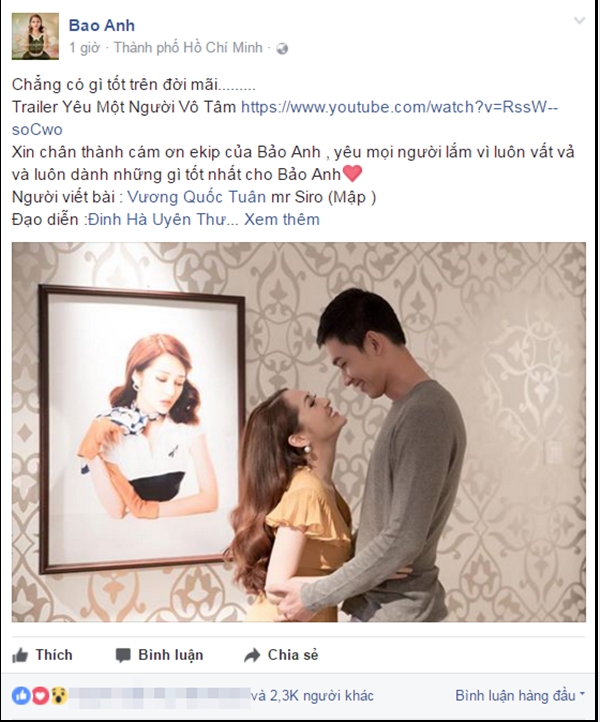 Bảo Anh chia sẻ hình ảnh tình tứ cùng Võ Cảnh – Nam chính trong MV mới nhất của cô.