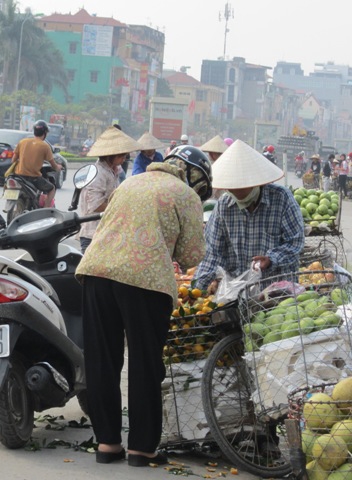 Dọc theo tuyến đường Nguyễn Xiển hướng, hàng ngày có hàng chục chiếc xe hoa quả bán rong rải rác dưới lòng đường.