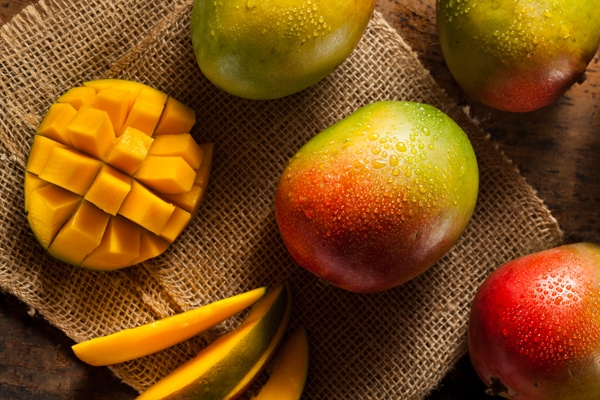 Organic Colorful Ripe Mangos on a Background