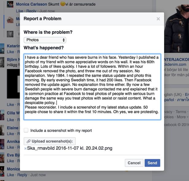 Bài đăng của ông Lindeblad chỉ trích việc liên tục xóa ảnh những nạn nhân bỏng của Facebook.