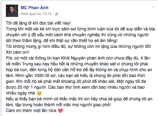 Những dòng cảm xúc của MC Phan Anh được chia sẻ ở trên trang cá nhân