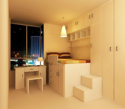 Nếu diện tích phòng ngủ nhỏ hẹp, các mẹ cũng có thể lựa chọn thiết kế tối giản nhưng vẫn đầy đủ chức năng và rất hiện đại này